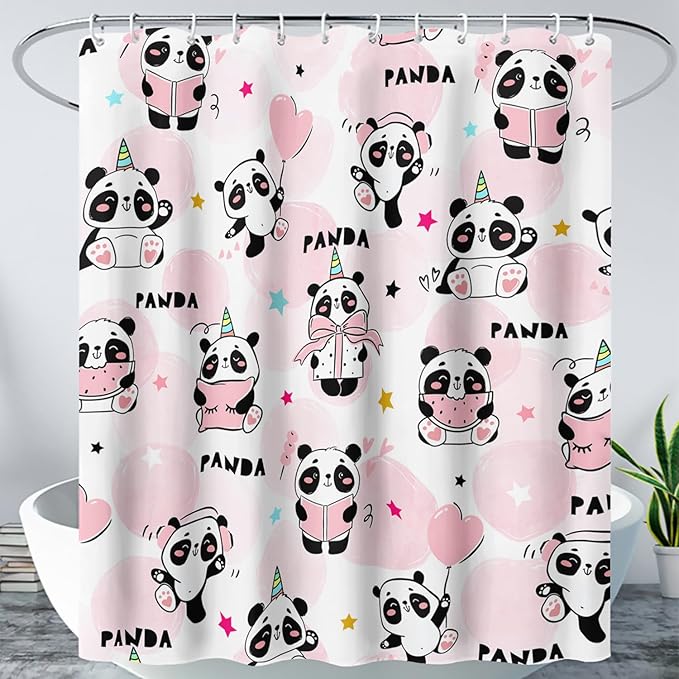 AILONEN Panda Shower Curtain for Bathroom, Cute Kawaii Panda Kids Bathroom Curtain,Pink Cartoon Bath Curtain 36" W*72" H Polyester Waterproof Bathroom Curtain with 12 Hooks