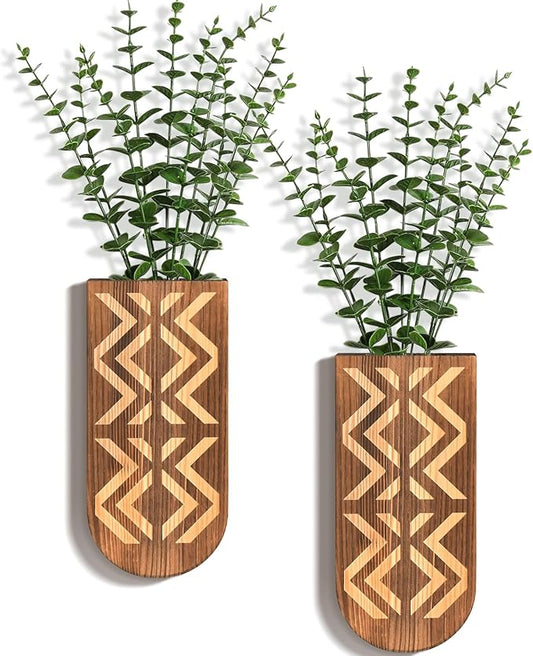 2 Pack Wooden Wall Vase Set, Wall Planter for Indoor Plants, Modern Farmhouse Art with Carving, Boho Wall Decor for Entryway, Hallway, Bathroom, Living Room, Dining Room