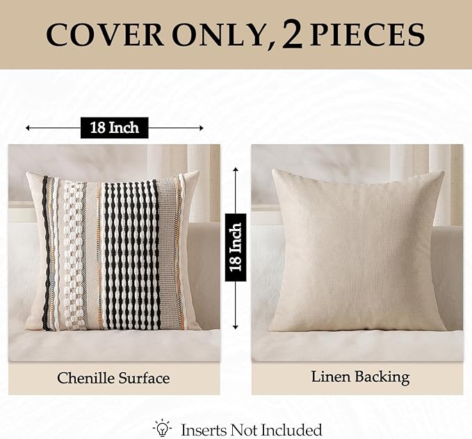 ANRODUO Pack of 2 Boho Decorative Throw Pillow Covers 18x18 Farmhouse Cushion Case Striped Chenille Pillow Cases Square Pillow Covers Accent Neutral Pillowcase for Sofa Couch Bed, Black-White Stripe