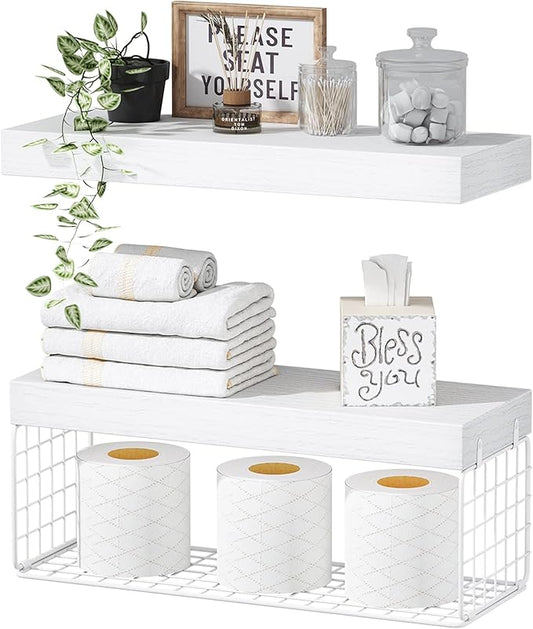 QEEIG White Bathroom Shelves Over Toilet Wall Mounted Floating Shelves Farmhouse Shelf Toilet Paper Storage Small 16 inch Set of 2 (019-W2)
