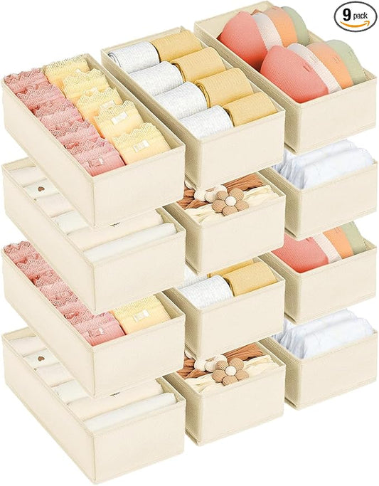 DIMJ Drawer Organizer Clothes - Underwear Organizer Small Sock Organizer Closet Organizers and Storage Box Dresser Drawer Dividers for Baby Clothes,Bra,Socks, Belt, Tie, Set of 12, Beige