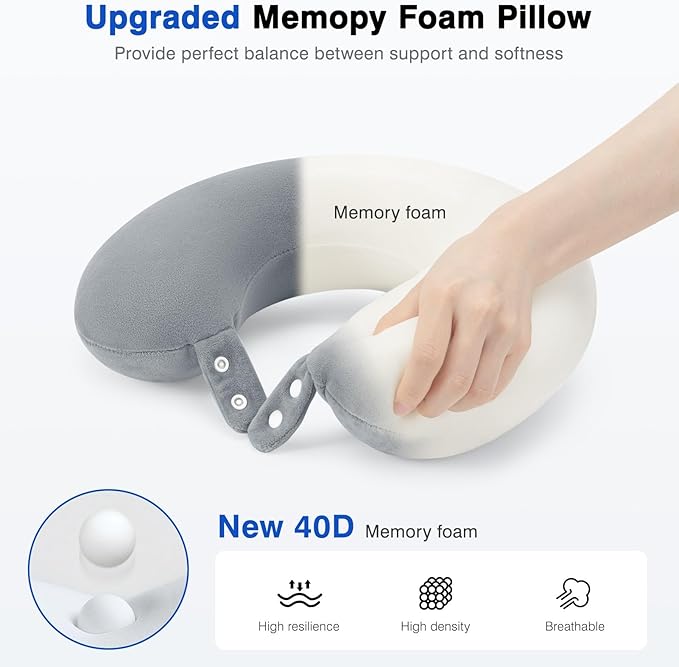 Travel Neck Pillow Airplane, Soft Memory Foam Support Head Neck Chin, with Removale Cover and Adjustable Snap Button, Comfortable Sleeping in Plane Car Train Traveling Office, Light Grey