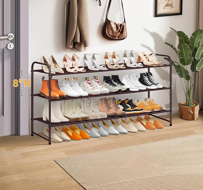 SLEEPING LAMB 3-Tier Shoe Rack for Closet, Long Stackable Wide Shoe Organizer Holds 24-Pairs Low Shoe Storage for Bedroom, Floor, Entryway (Bronze)