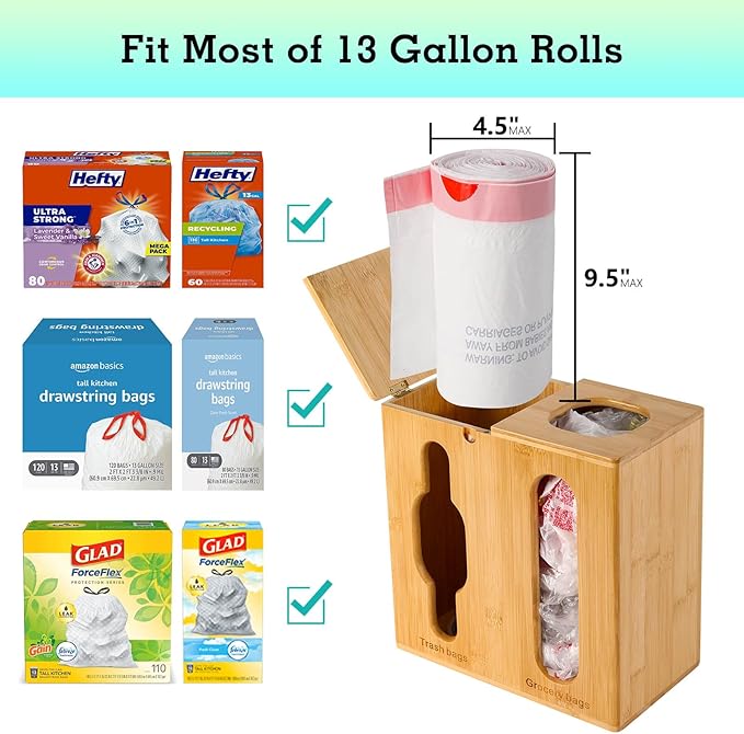 Trash Bag Dispenser & Grocery Bag Holder -2 in 1-Bamboo Plastic Bag Holder with Large Storage Capacity and Wall-Mounted Design, Grocery Garbage Bag Organizers for Kitchen and Laundry Room Organization