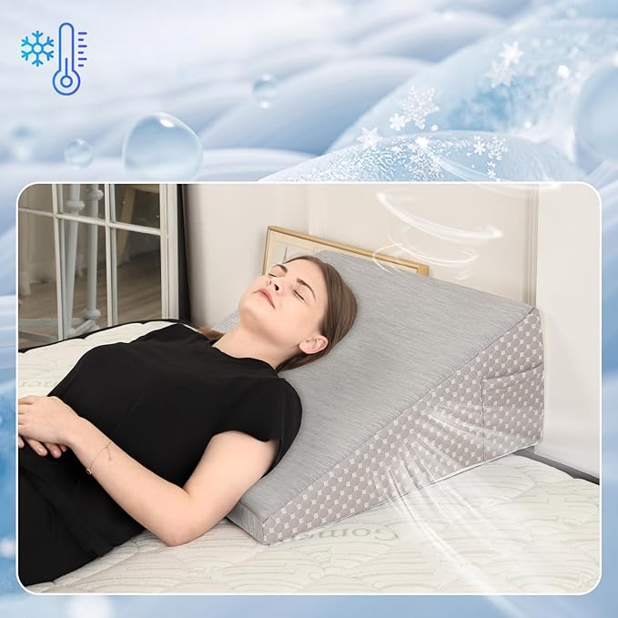 Wedge Pillow for Sleeping, 10 Inch Cooling Triangle Bed Pillow with Removable Cover, Elevated Body Pillow Wedge for Back Support, After Leg Surgery, Snoring, Acid Reflux, Grey