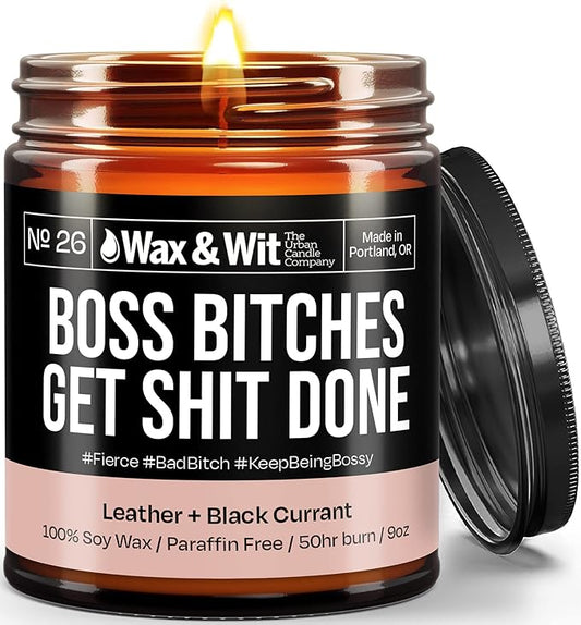 Wax & Wit Funny Soy Candle Gift for Women - Humorous, Aromatherapy Soy Wax Candle, Ideal for Housewarming, Coworker, Birthday – Leather and Black Currant - 9oz
