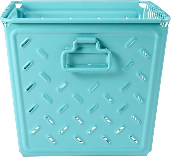 Spectrum Diversified Macklin, Stamped Steel & Wire Basket for Closet & Cubby Storage Vintage-Inspired Design with Customizable Label Plate, Medium, Teal, 1 Count (Pack of 1)
