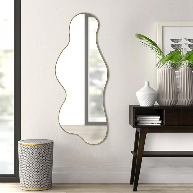 POZINO Irregular Wall Mirror, Asymmetrical Mirrors, 39.3"x16" Cloud Shaped Mirror, Gold Modern Mirrors for Bathroom Living Room Bedroom Entryway