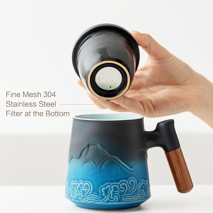 ZENS Tea Cup with Infuser and Lid for Loose Leaf Steeping, 16.9oz Embossed Ceramic Tea Infuser Mug, Wood Handle Tea Diffuser, Great Gift