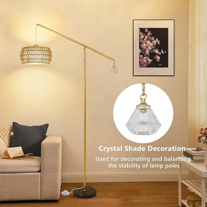 Gold Floor Lamp with 3 Color Temperatures, Floor Lamps for Living Room with Remote and LED Dimmable Bulb, Farmhouse Arc Standing Lamp, Rattan Floor Lamp for Bedroom, Adjustable Over Couch Tall Lamp