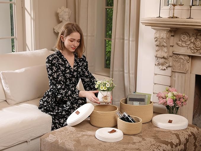 Cottonphant Set of 3 Stylish Round Woven Baskets with Lids - Elegant Storage Solution for Home Decor and Organization - Compact Shelf Baskets (Beige/White Lid, 10"x6"-8"x5"-6"x4")
