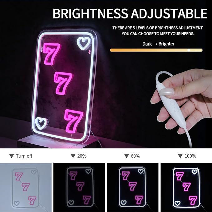 Lucky 777 Neon Sign for Wall Decor Dimmable Pink Poker Led Lights Signs for Bedroom Luck Seven Neon Light for Game Room Living Room Party Decoration Birthday Gift for Kids Girl