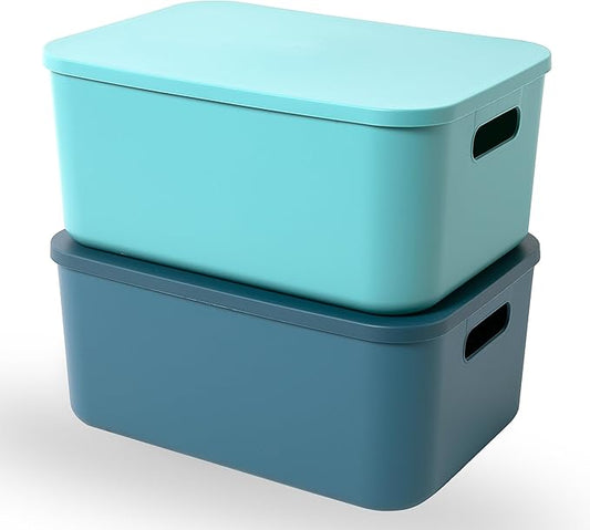 Plastic Storage Bins with Lid, Stackable Storage Containers for Organizing, Storage Baskets for Shelves Kitchen Bathroom Playroom Classroom Office (Medium (Blue+Green))