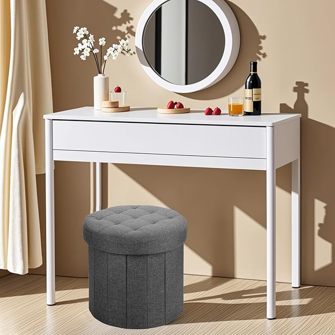 Ottoman with Storage, Foot Rest Stool with Thicker Foam Padded Seat Linen Small Round 14“ x 14” x 13 "Inchs Storage Ottoman Bench for Living Room Foldable Pouf Coffee Table 2 Pack, Dark Gray