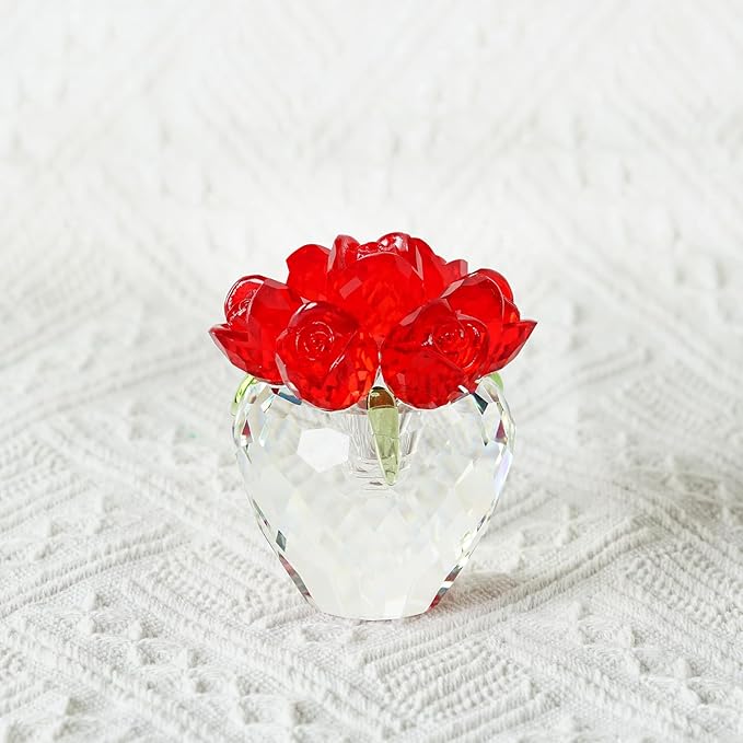 Crystal Flower Figurines - Glass Rose Home Decor - Romantic Flower Bouquet for Women（Red）