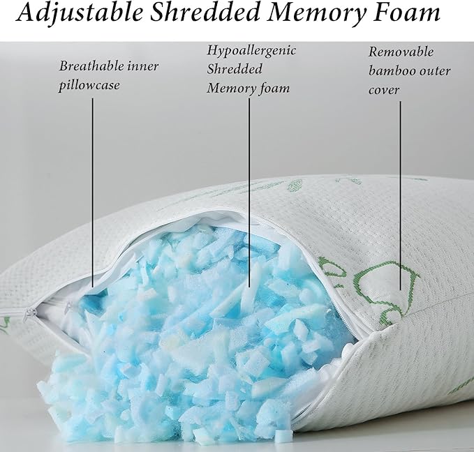 Shredded Memory Foam Pillows Set of 1, Cooling Zippered Breathable Memory Foam Bed Pillow for Sleeping 1 Pack, Queen Size Firm Pillow Gel for Neck Support, Hotel Quality Rest Pillow 20" x 30" Queen