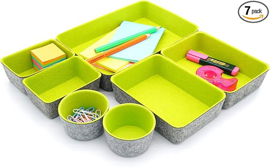 Welaxy Drawer organizers bins felt trays desk storage bins dividers small drawers for office supplies 7-piece Pack back to school college gift idea (Green)