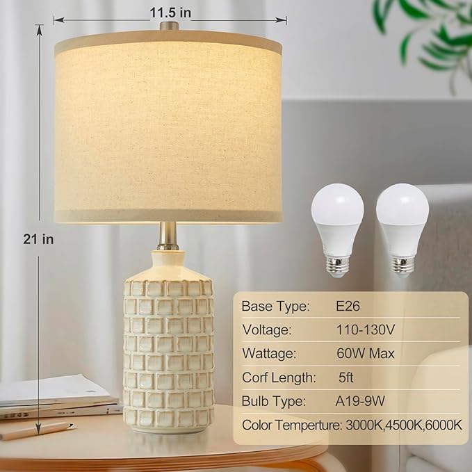 Luvkczc Vintage Farmhouse Table Lamp Set of 2, Grid Nightstand Lamp with Eye-Protecting Fabric Shade, 3-Color Temperature&2 Bulbs - Rustic Table Lamp Lamps for Living Room Bedroom Decor (21")