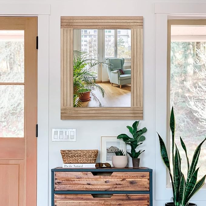 Rectangle Mirror Retro Wooden Wall-Mounted Mirrors Farmhouse Bedroom Bathroom Vanity Entrance Decorative Antique Hanging Mirror Large 26"x18"