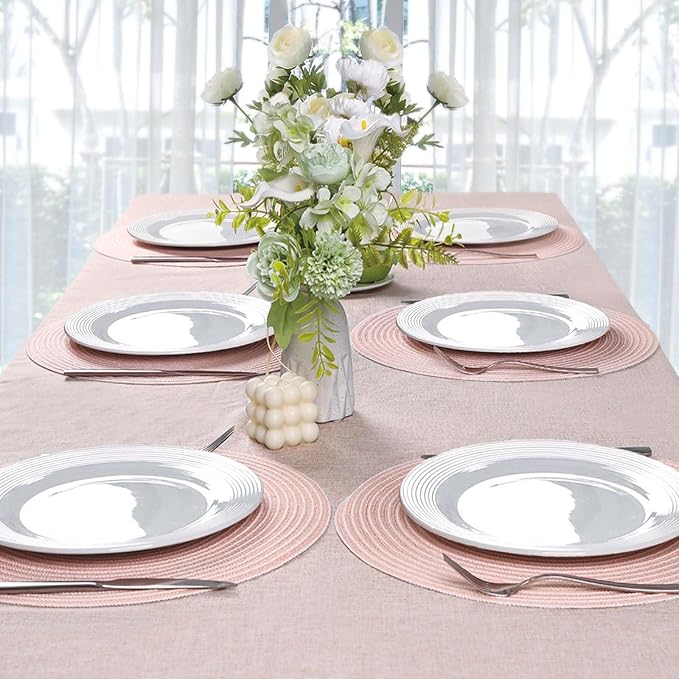 Noctiflorous 15 Inch Round Placemats Set of 6 Durable Braided Woven Heat Resistant Table Mats for Indoor Outdoor Non Slip Dining Table Place Mats(Pink White, 6)