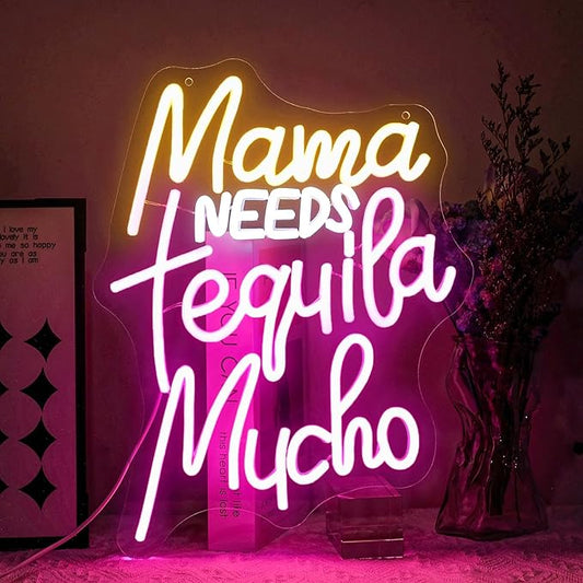 Mama Needs Tequila Mucho Neon Sign for Wall Decor Dimmable Led Lights Signs Letters LED Neon Signs for Pub Yellow Neon Light Pink Room Decor for Club Bistro Home Bar Party Decoration Gift
