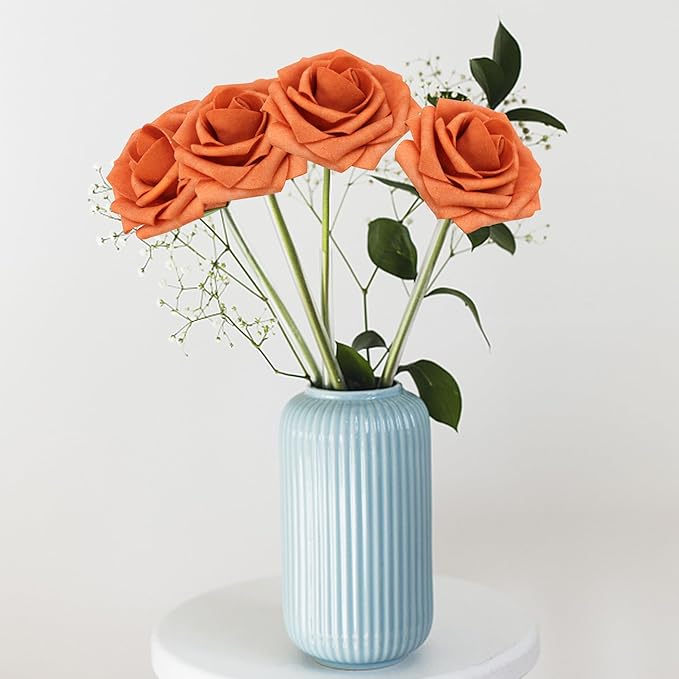 50PCS Artificial Flowers Burnt Orange Roses Real Looking Foam Fake Roses with Leaves and for DIY Wedding Bouquets Bridal Shower Centerpieces Party Decorations (Burnt Orange)