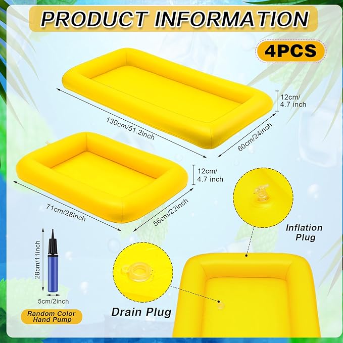 Leitee 4 Pcs Inflatable Ice Serving Bars Buffet Serving Tray Drink Cooler for Pool Party Inflatable Ice Tray Floating Food Drink Containers with Drain Plug and a Hand Pump, 2 Sizes (Yellow)
