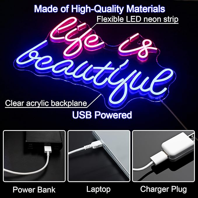 Life is Beautiful Neon Signs for Wall Decor, Letter Neon Lights for Bedroom, Led Sign with USB Powered for Livingroom, Wall Hanging Decor, Windows (blue&pink)