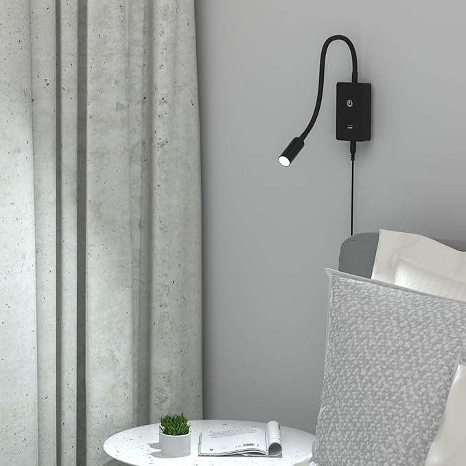 Touch Dimmable LED Wall Mount Bedside Spot Lamp, Black Flexible LED Wall Sconce Reading Light for Bedroom, 4 Brightness Levels (100%- 70%- 35%- 15%), Neutral White Lighting, 5V2A USB Output