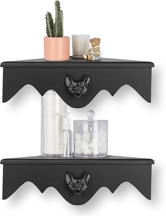 Bat Corner Shelf Set of 2, Black Flying Bat Floating Corner Shelf, Wood Wall Mounted Storage Shelves, Gothic Home Decor for Bedroom, Kitchen, Living Room, Bathroom, Office and More…