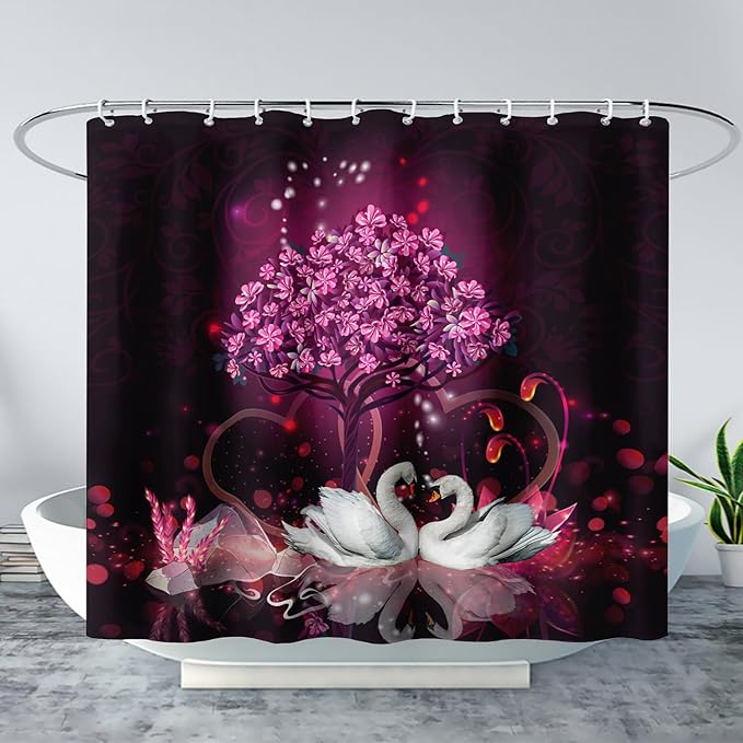 AILONEN Romantic Love Theme Shower Curtain for Girls Pink Love Tree Floral Valentine Bathroom Decor,Swan Couple Lover Bath Curtain 36" W*72" H Polyester Waterproof Bathroom Curtain with Hooks