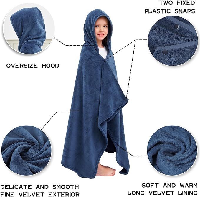 Hiturbo 2Pcs Kids Fleece Hooded Towel: Soft Plush Warm Blanket - 50"x30" Pool Beach Bath Swim Towel Wrap for 3-12 Yrs (Navy)