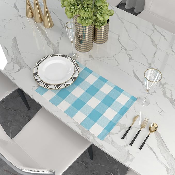 Sky Blue & White 2 Side Cotton Buffalo Check Placemats Set of 4 Heat Resistant Dining Table Place Mats for Kitchen Table, 12 x 18 inches