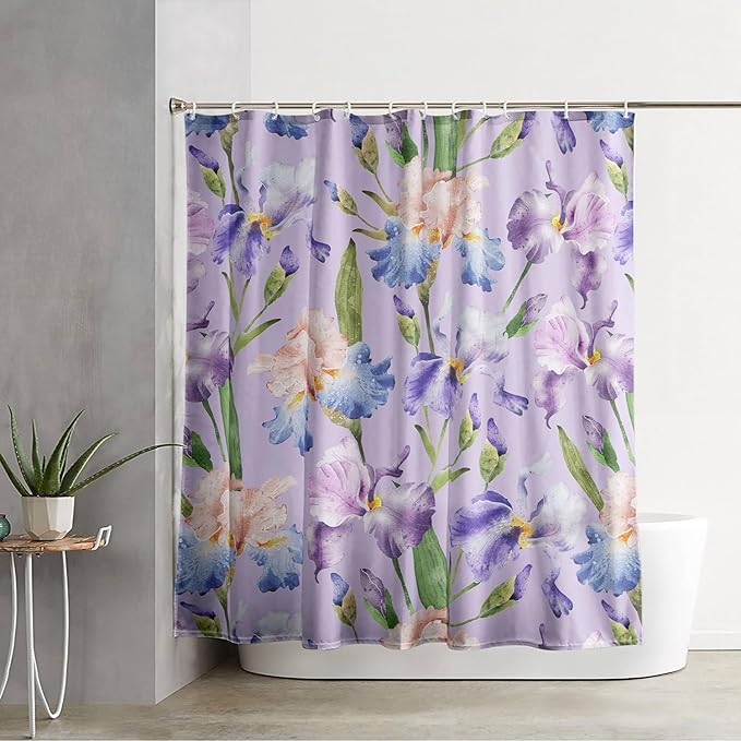 AILONEN Floral Shower Curtain, Pretty Purple Iris Pattern Shower Curtain Set for Girls Boys Teens Kids,Fantasy Vintage Flower Fabric Shower Curtains for Bathroom,72" W*84" H