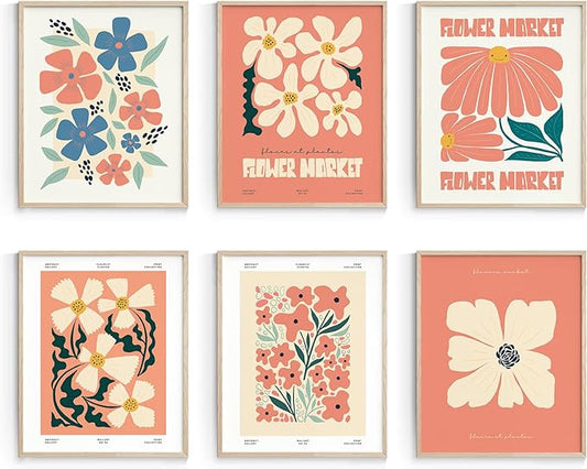 Habseligkeit Pink Flower Market Posters for Room Decor, Abstract Floral Wall Art Prints, Minimalist Wall Decor, Vintage Posters for Girls Room Aesthetic (8x10 UNFRAMED Set of 6)