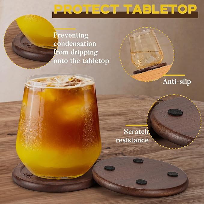 Wood Coasters with Holder, GOH DODD Set of 6 Walnut Wooden Coaster Tabletop Protection for Drinks Coffee Table Home Kitchen Office Bar Living Room Decor Housewarming Gifts Wedding Party, 3.7 Inch