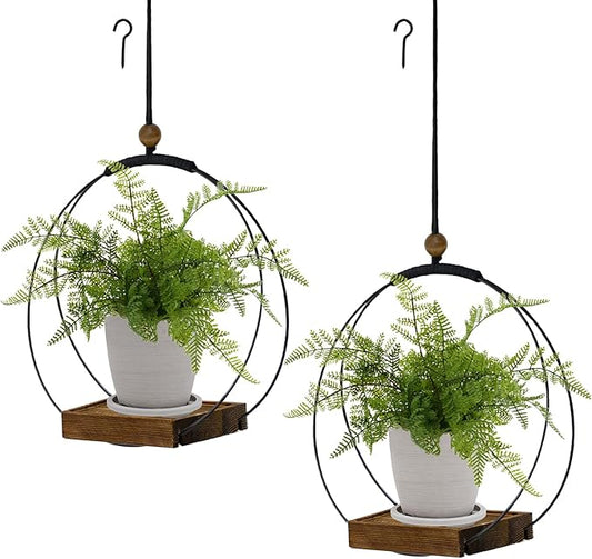 Hanging Planter for Indoor Plants,Plant Hanger with Sturdy Wood Base & Pot, Modern Boho Macrame Plant Hanger,Wall Ceiling Window Stands(2 Pack+Pots)