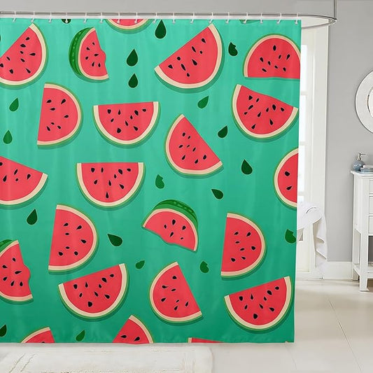 Feelyou Watermelon Shower Curtain Cartoon Watermelon Fabric Shower Curtain for Kids Boys Girls Fruit Bathroom Waterproof Accessories with 12 Hooks Red Green Curtains,72x78 Inches