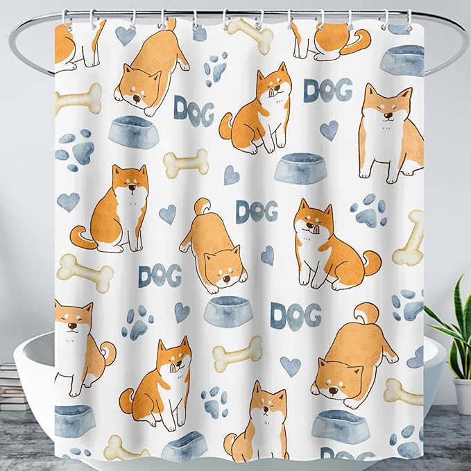 AILONEN Cute Dog Shower Curtain, Cartoon Shiba Inu Dog Bath Curtain,Pet Dog Paw Print Dog Lover Minimalist White Waterproof Curtain with 12 Plastic Hooks(72" W*96" H)