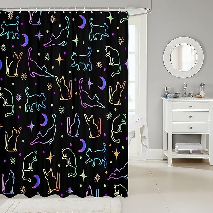 Manfei Cute Cats Silhouettes Kids Shower Curtains,Sun Moon Starry Sky Dots Trippy Bathroom Curtains for Girls Boys,Abstract Pets Animals Purple Cute Waterproof Curtains,12 Hooks Suits,72" W x 72" L