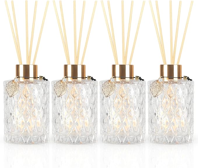 4Pcs Reed Diffuser Set with Metal Golden Decoration, 6oz Empty Reed Diffuser Bottles with 20Pcs Reed Diffuser Sticks, Unique Design Bottles for Home and Office (Large Cylinder)