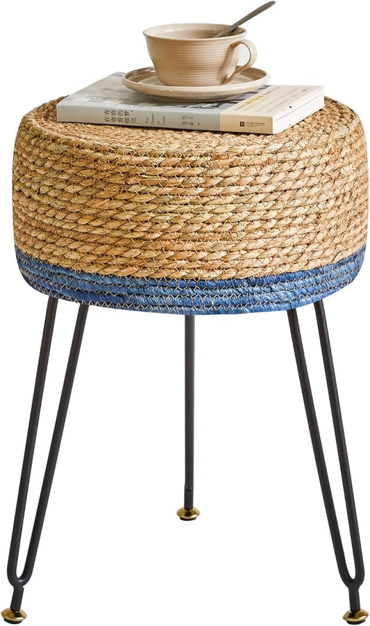 YMYNY Footstool Natural Seagrass Hand Weave, Vanity Makeup Stool, Pastoral Style, Padded Foot Rest with Metal Legs, Foot Rest Sofa Stool, for Living Room, 12.59"L×12.59"W×17.71"H Natural&Blue UHBD029Q