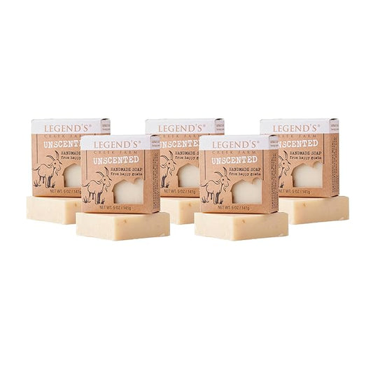 Legend’s Creek Farm Goat Milk Soap - Cleansing Moisturizing Soap Bar for Hands and Body - 5 Oz Creamy Lather, Nourishing, Gentle Natural Soap for Sensitive Skin, Handmade in USA (Unscented, Pack of 5)