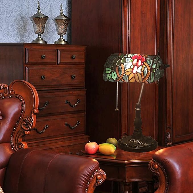 Tiffany Style Bankers Table Lamp Stained Glass Piano Desk Lamp Vintage Bedroom Bedside Lamp for Study,Antique Alloy Base,Zipper Switch,Grape