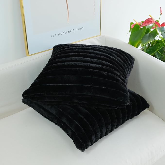 JOJUSIS Pack of 2 Faux Fur Plush Decorative Throw Pillow Covers Couch Cushion Case Soft Pillowcases (Black, 22 x 22-Inch)