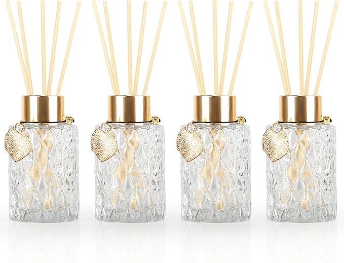4Pcs Reed Diffuser Set with Metal Golden Decoration, 4.2oz Empty Reed Diffuser Bottles with 20Pcs Reed Diffuser Sticks, Unique Design Bottles for Home and Office(Cylinder)
