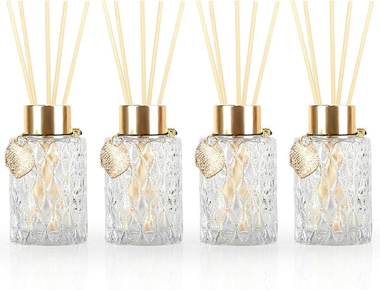 4Pcs Reed Diffuser Set with Metal Golden Decoration, 4.2oz Empty Reed Diffuser Bottles with 20Pcs Reed Diffuser Sticks, Unique Design Bottles for Home and Office(Cylinder)
