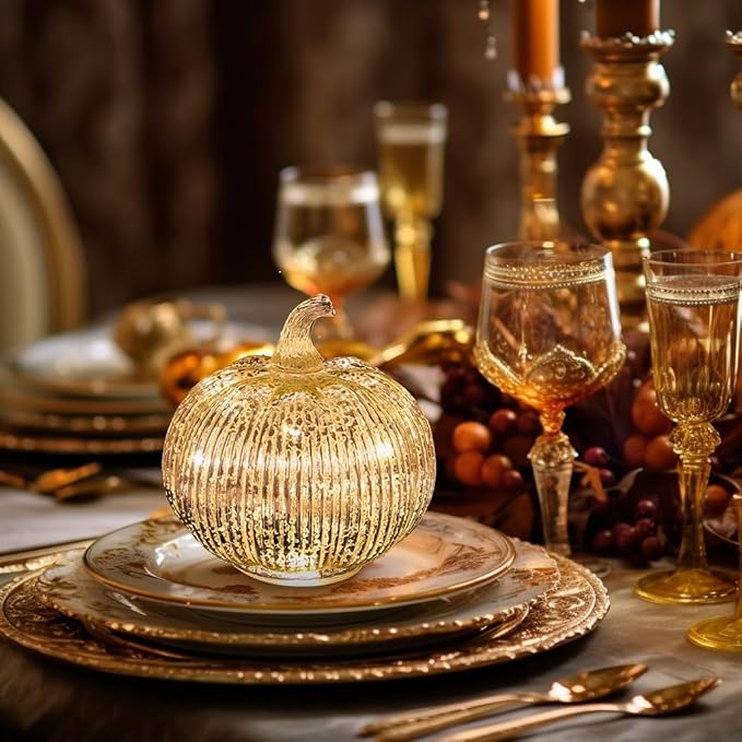 Mercury Glass Light up Pumpkin with Timer- Fall Decoration for Home-Lamps for Festive Decoration-Thanksgiving Pumpkin Decoration (Silver)