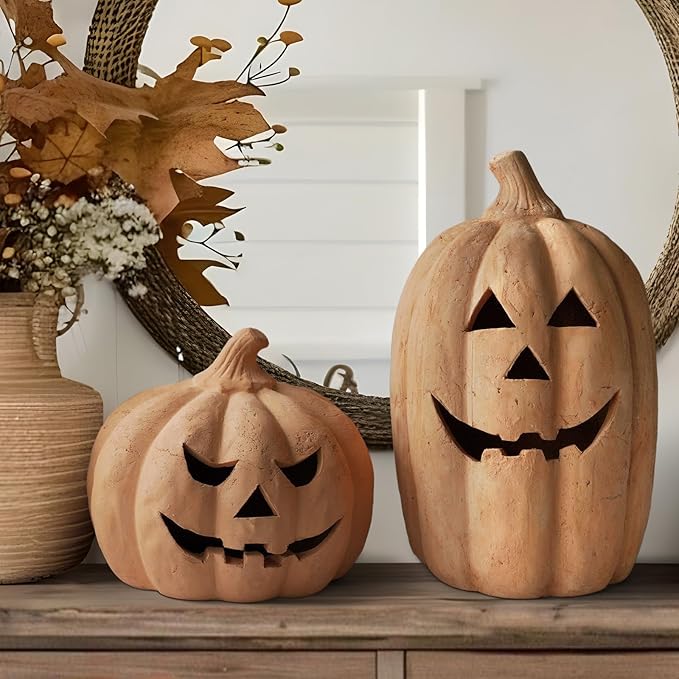 Fall Decorations for Home - Halloween Decorations - Handmade Terracotta Pumpkin Jack O' Lantern Outdoor Indoor -Vintage Halloween Autumn Party Farmhouse Table Decor for Front Porch Door Mantel(Medium)