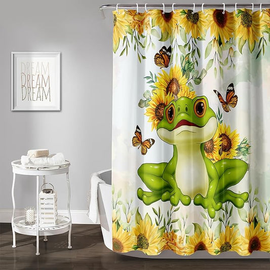 AILONEN Cartoon Frog Shower Curtain Yellow Sunflower Shower Curtain 72" W*96" H,Wildlife Frog Modern Botanical Floral 3D Printed Animal Bathroom Decor Shower Curtain with 12 Hooks